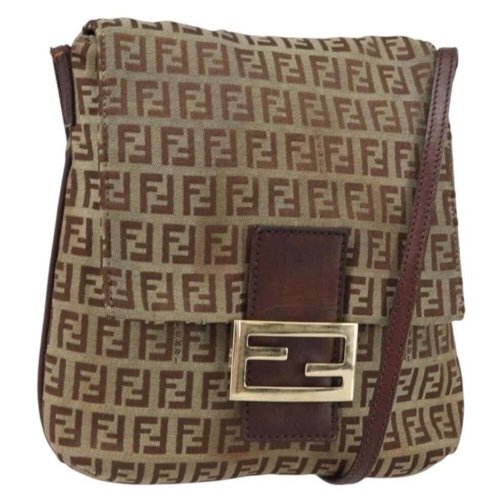 Authentic FENDI Zucchino Canvas Mamma Baguette Shoulder Bag Brown Gold
